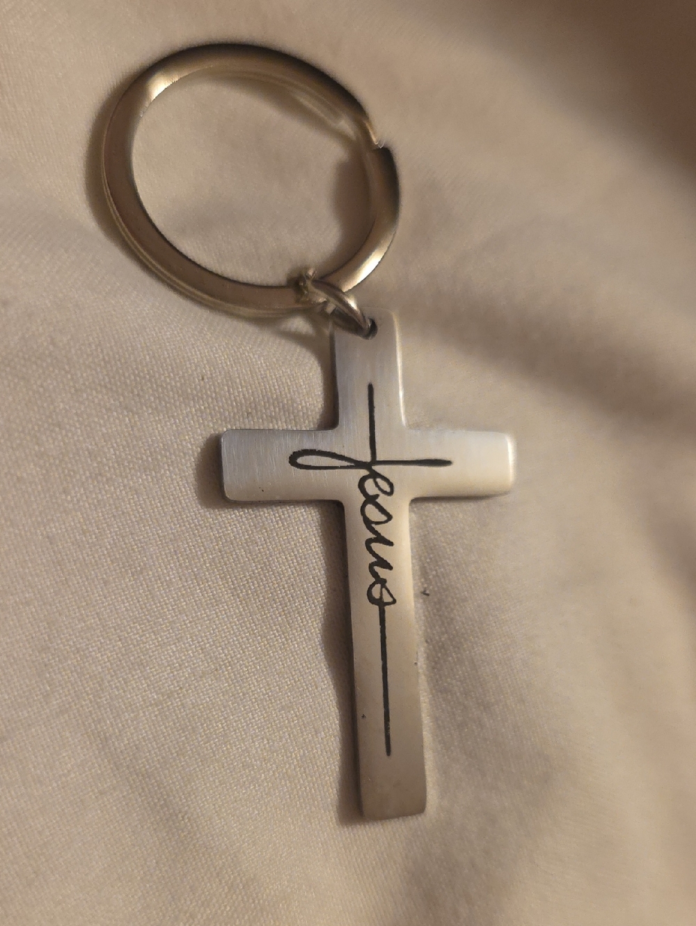 Silver Cross Keychain with 'Jesus' Script - Picture 2 of 6